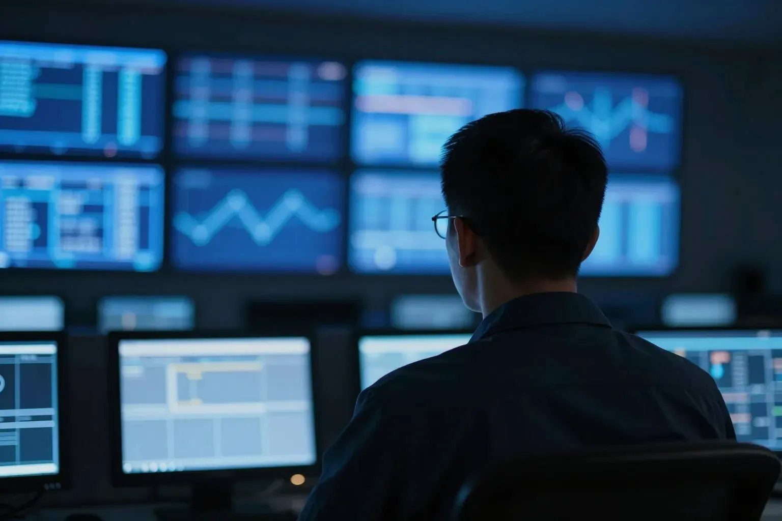Control room operator facing a wall of monitors