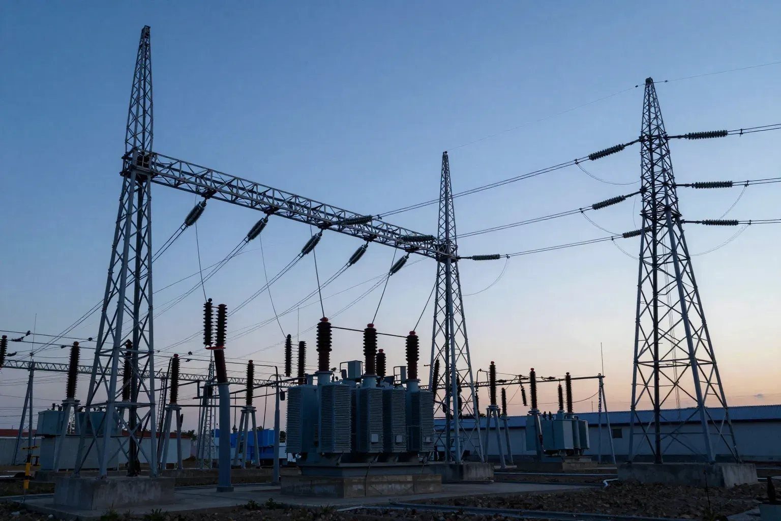 High-voltage substation and transmission towers at dusk