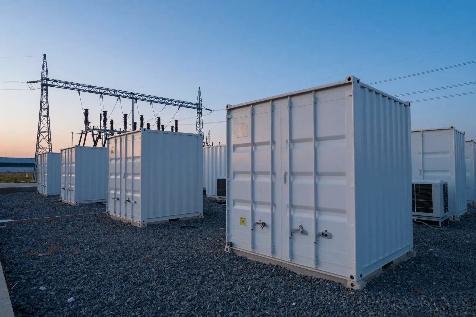 Battery storage containers beside a substation at dawn