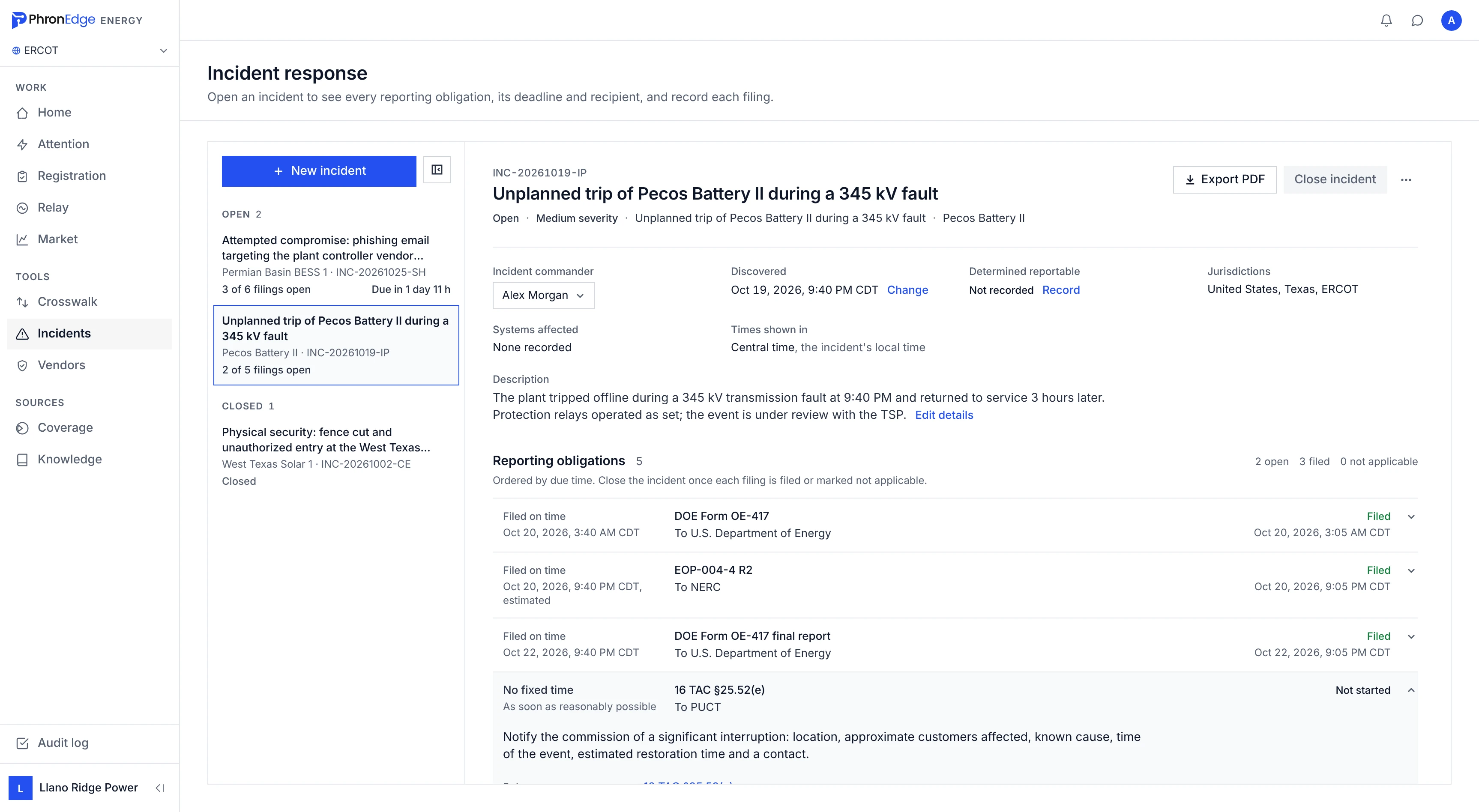 An unplanned trip incident: DOE Form OE-417, EOP-004 and Texas commission obligations with their filing status