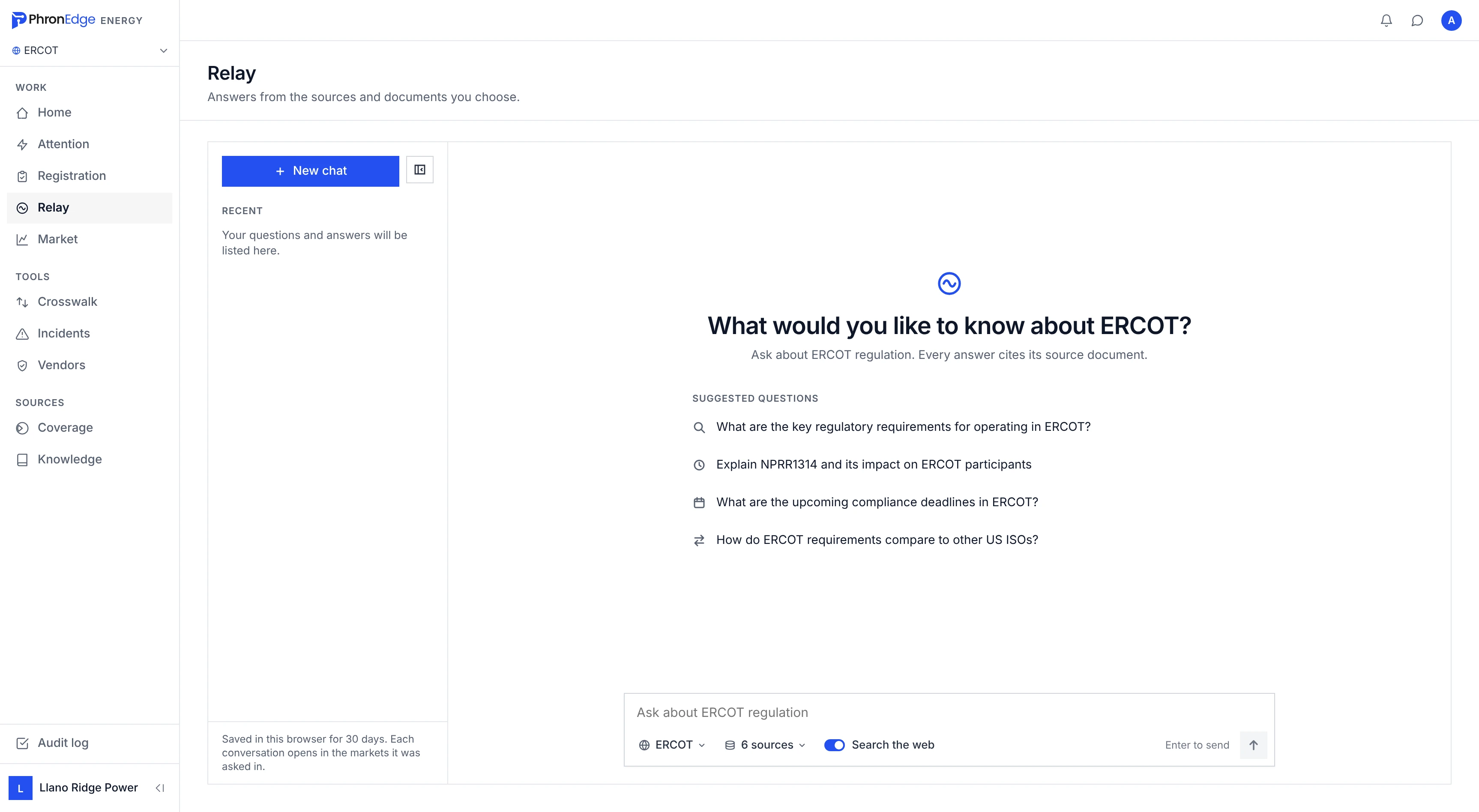 Relay start screen with suggested questions for ERCOT, source selection and web search