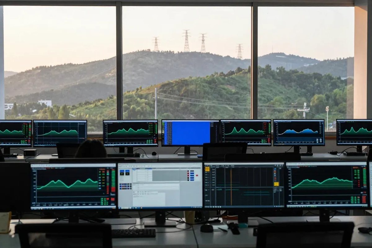Trading floor monitors showing power price curves at dawn